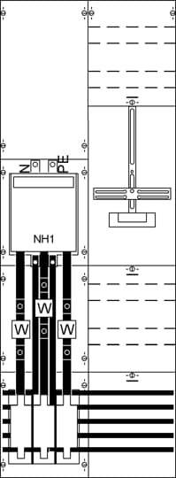 Plan électrique avec boîte de fusibles, fils et connexions. En haut à gauche : fusible NH1 ; en bas : différentes bornes de raccordement.