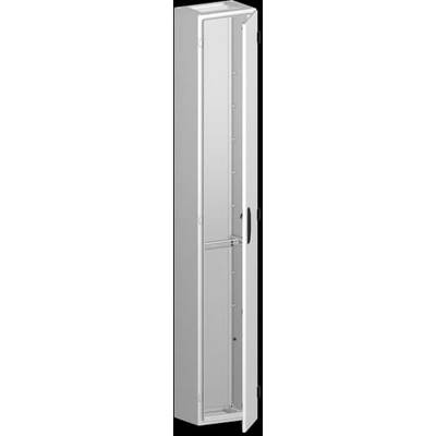 Un grand placard métallique blanc et étroit, avec sa porte ouverte. L'armoire est vide et adaptée au rangement d'objets fins.