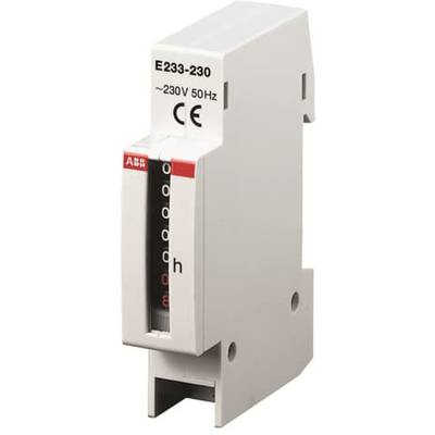 Un appareil électrique blanc pour montage sur rail DIN, portant les marquages 'E233-230', '230V 50Hz', et 'CE', affiche un compteur.