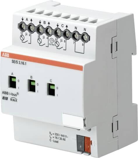 Actionneur de commutation KNX d'ABB, modèle SE/S 3.16.1, avec trois canaux pour le contrôle des charges électriques. Adapté aux systèmes domotiques.