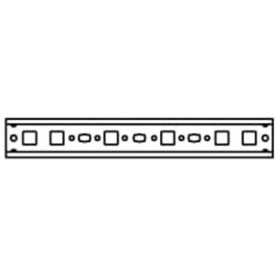 Un long panneau rectangulaire en bois avec douze formes géométriques disposées en deux rangées : divers carrés et rectangles.