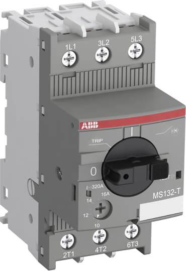 Un disjoncteur de protection moteur électrique gris avec un bouton rotatif noir portant l'inscription 'ABB' et le modèle 'MS132-T'. Adapté pour 16 A.