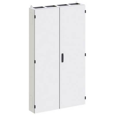 Un placard blanc rectangulaire avec deux portes, une poignée noire au centre et des charnières sur les côtés.