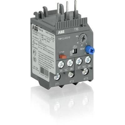 Un relais de surcharge thermique gris ABB de type T16. Il est équipé de bornes à vis et d'un bouton de réglage de la plage de courant.