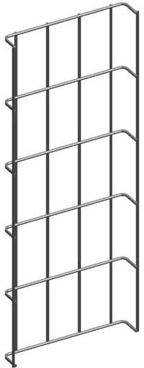 Étagère grillagée en métal, montée verticalement, composée de cinq niveaux horizontaux, adaptée au stockage ou à la présentation.