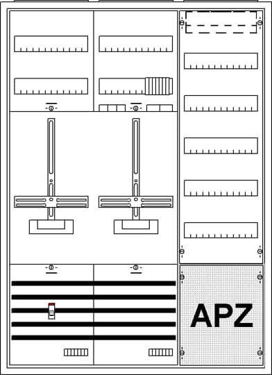 Croquis de montage d'un armoire APZ avec échelles, interrupteurs et inscription 'APZ' en bas à droite, illustrant la répartition des composants électriques.