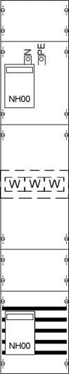 Diagramme d'un circuit électrique avec des disjoncteurs, des fusibles NH00 et des connexions entre les composants.