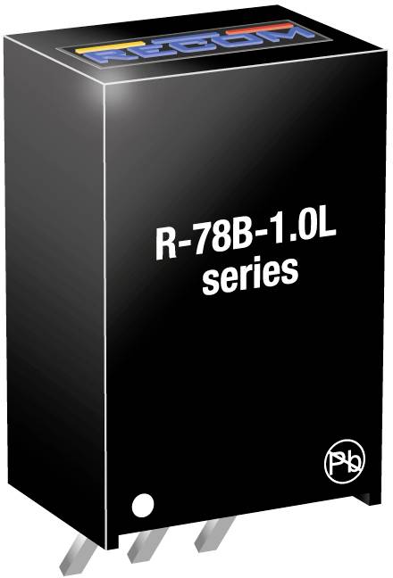 Un régulateur de tension noir de la série R-78B-1.0L de RECOM avec trois broches de connexion.
