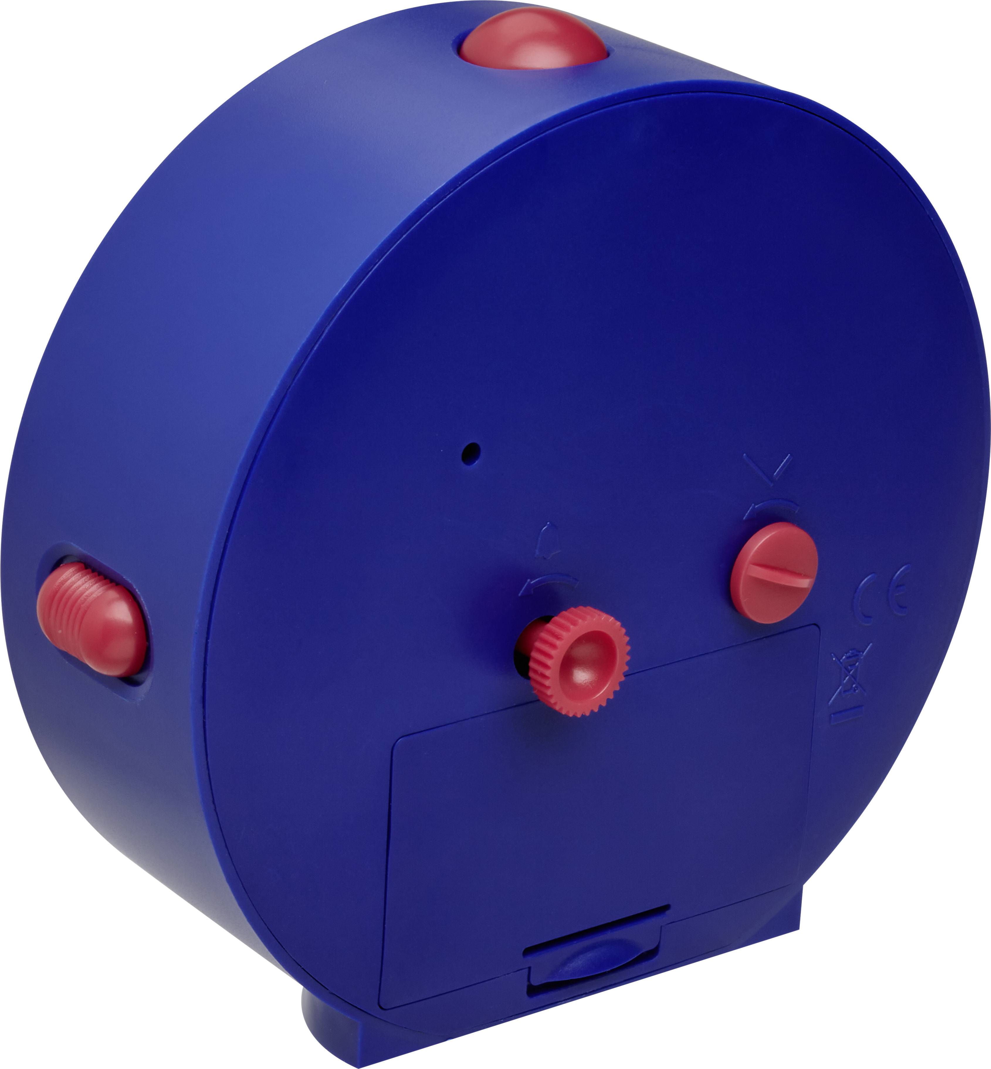 Un mécanisme bleu et rond avec un bouton rouge et un interrupteur, probablement une partie d'un jouet.