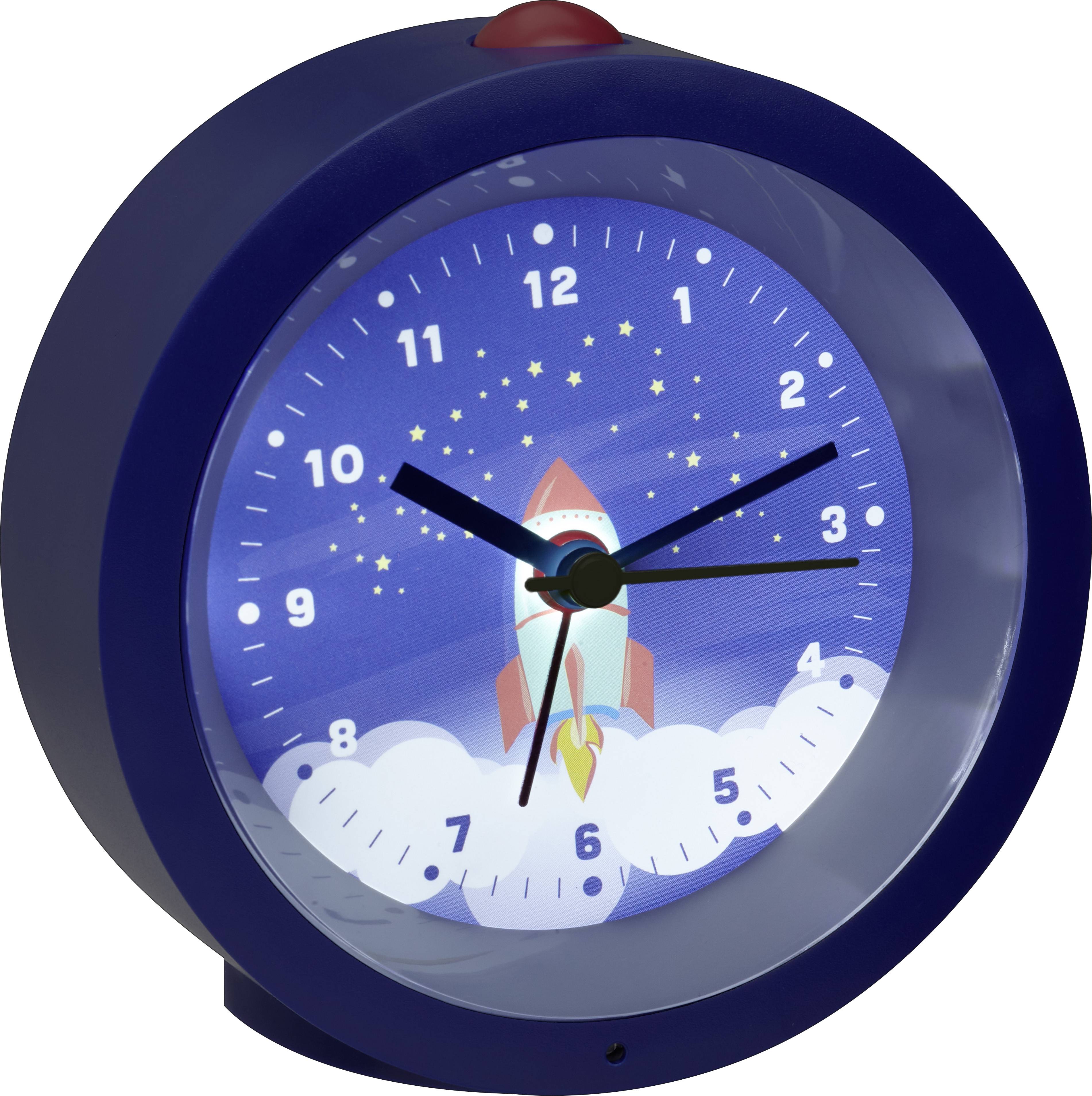 Réveil bleu avec un motif de fusée et des étoiles lumineuses. Affiche 10h10.