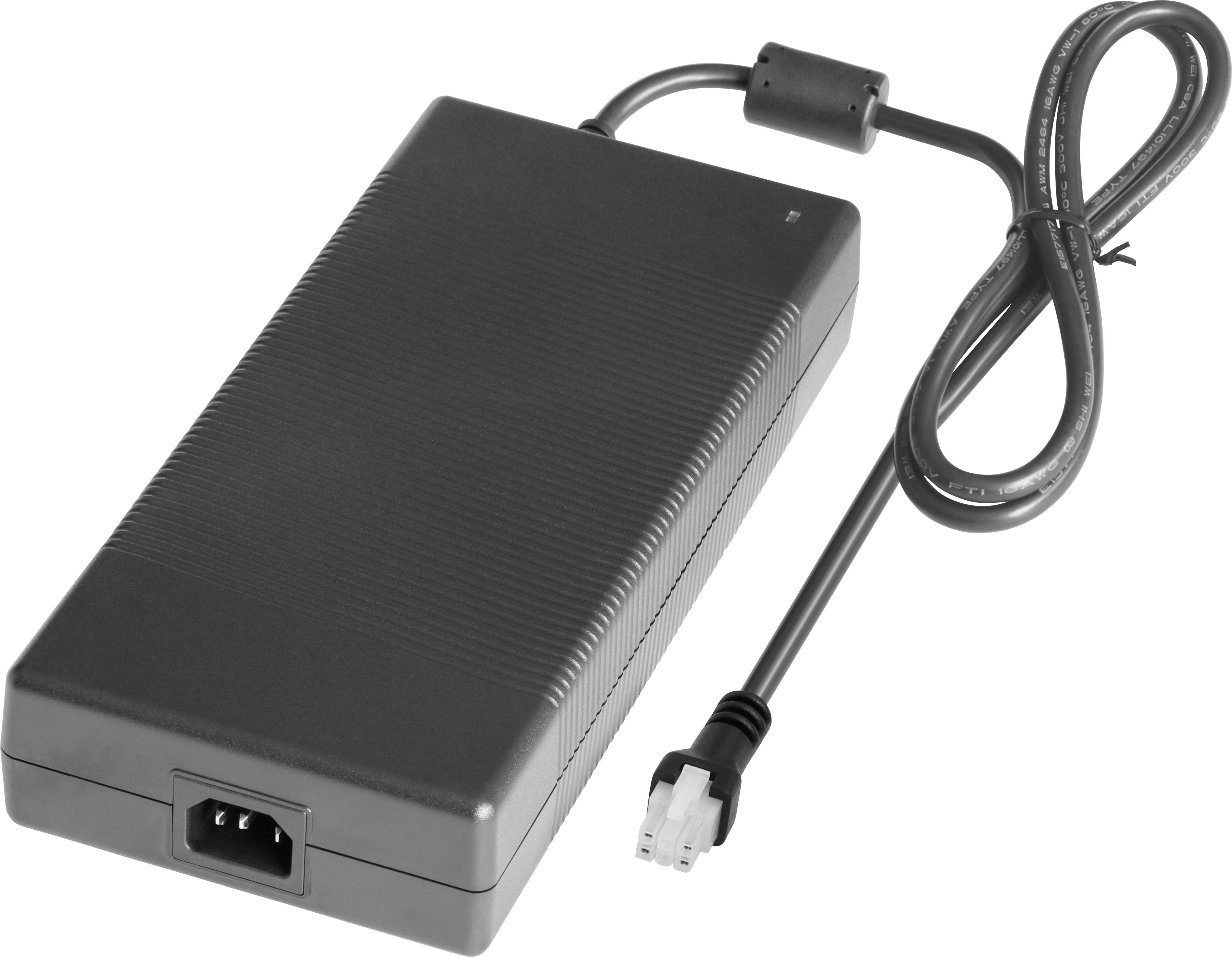Un adaptateur secteur noir avec un câble d'alimentation. Il a un corps rectangulaire et convient aux appareils électroniques.