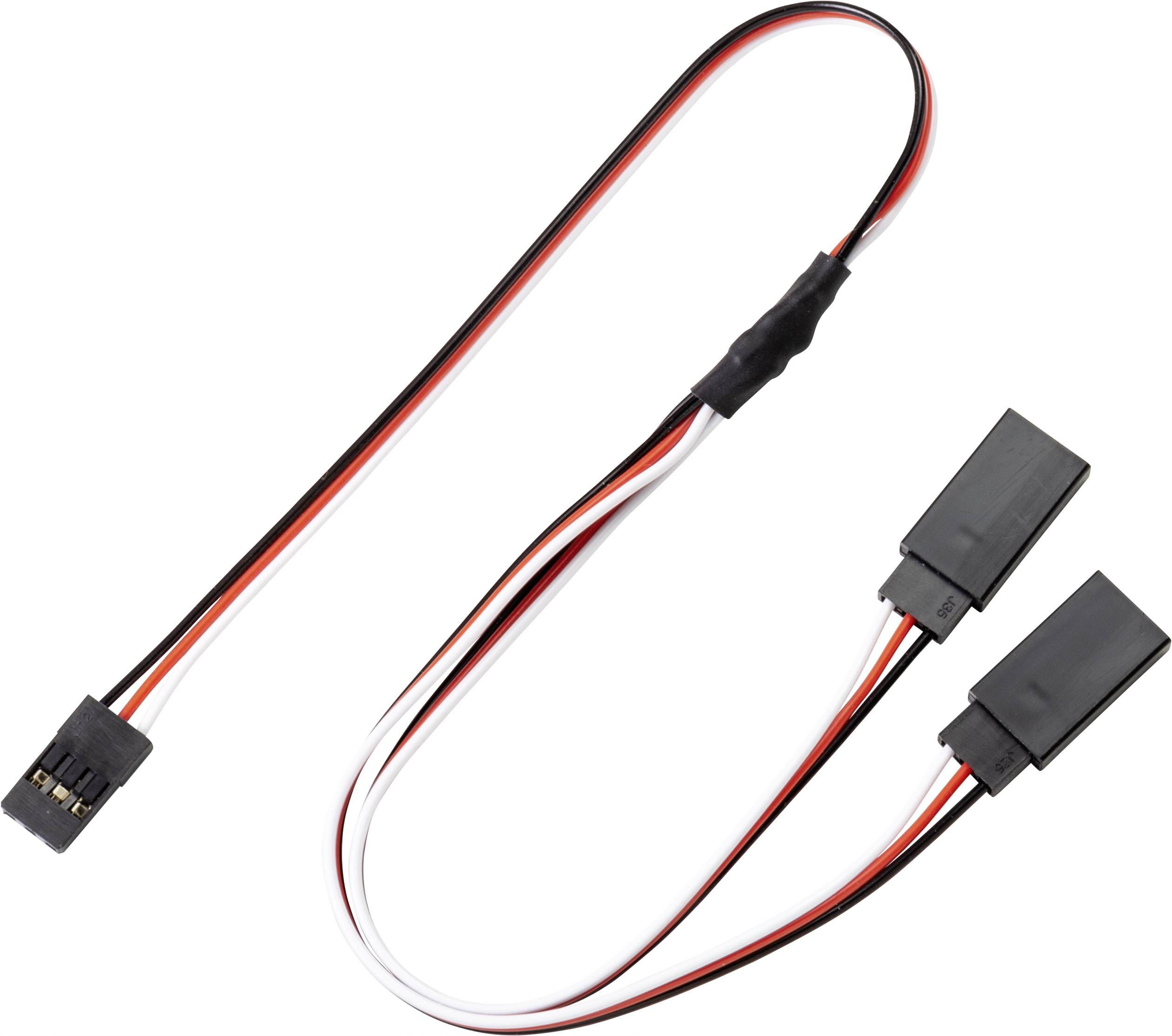 Un câble de commutation à trois fiches, utilisé pour connecter des composants électriques. Il comprend des fils noir, rouge et blanc.