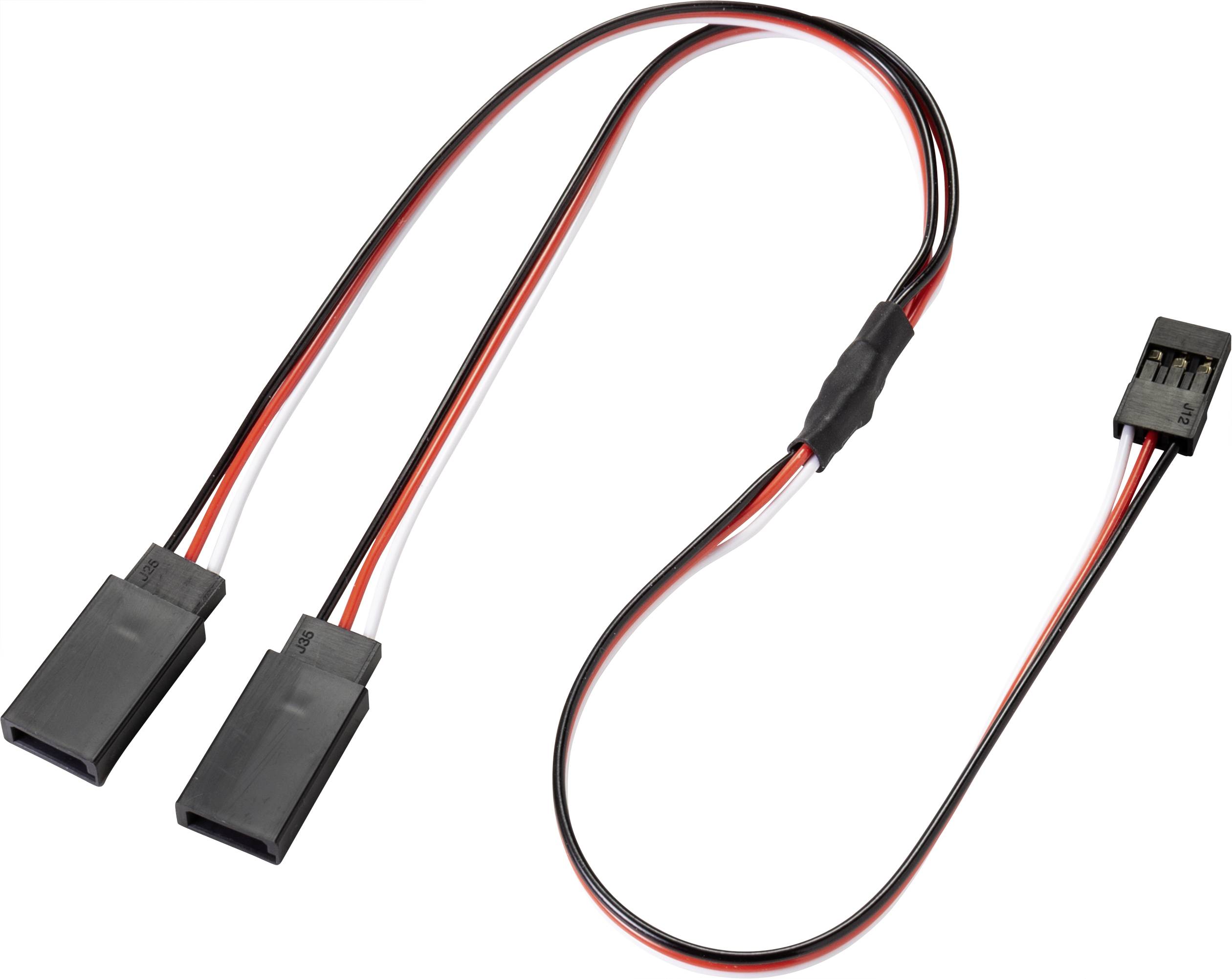 Adaptateur en Y avec trois fiches noires et des fils rouge et noir, servant à connecter deux appareils à une seule prise d'alimentation.