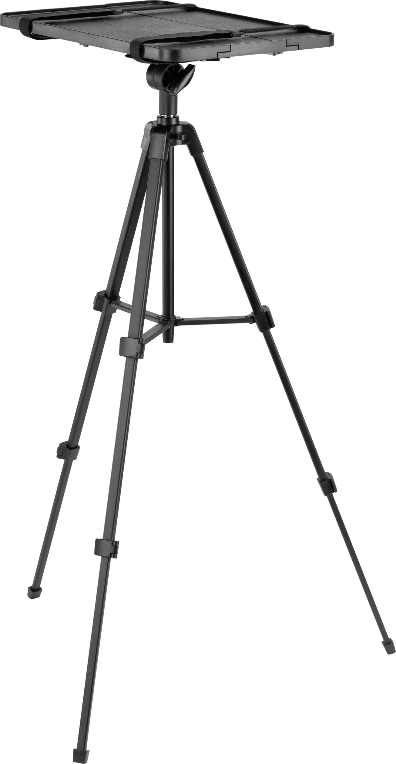 Un trépied noir à trois pieds avec une plateforme plate en haut, adapté pour supporter un ordinateur portable ou un projecteur.