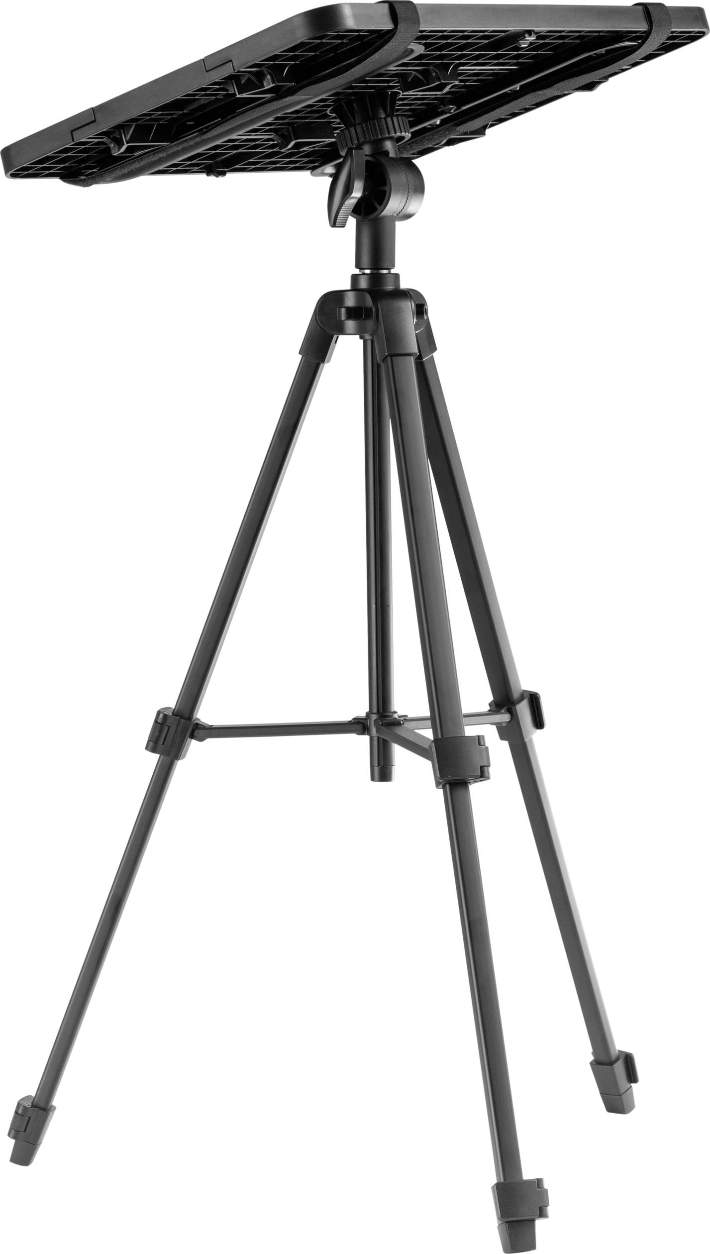 Un trépied noir réglable en hauteur avec un plateau de table en haut, conçu pour supporter des appareils ou des objets.
