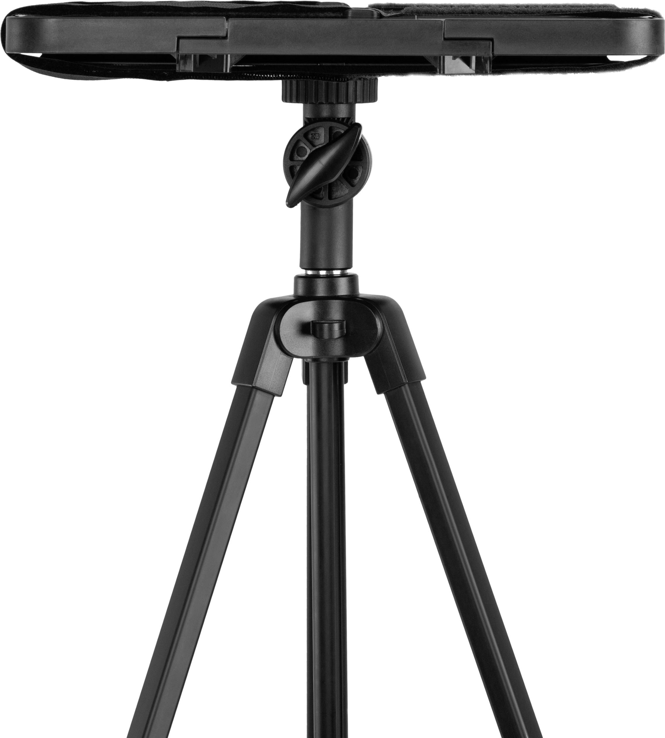 Un trépied noir avec tête réglable, adapté aux caméras ou aux projecteurs. Pied pliable assurant une stabilité sur différentes surfaces.