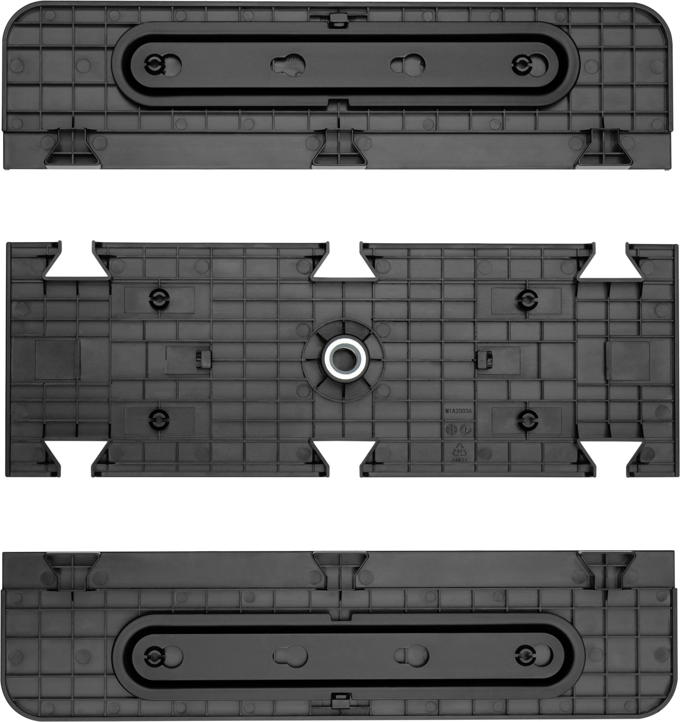 Trois socles en plastique noir et gris avec des enfoncements rectangulaires et des perçages circulaires, probablement destinés à des montages ou des installations.