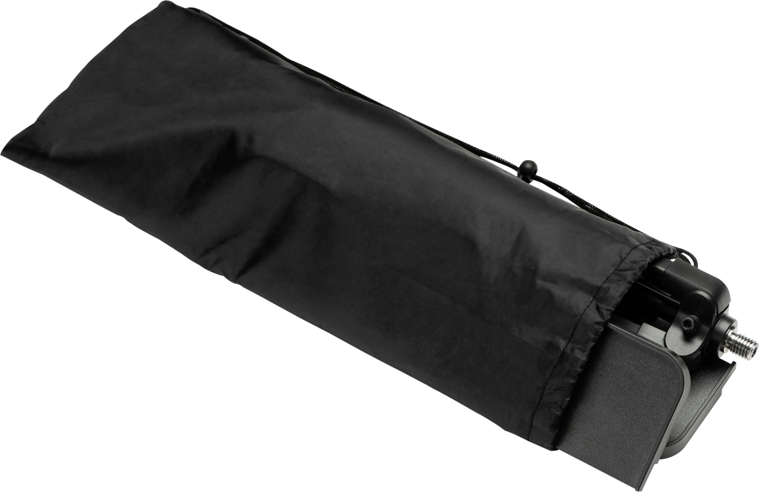 Parapluie noir dans une housse noire, partiellement visible.