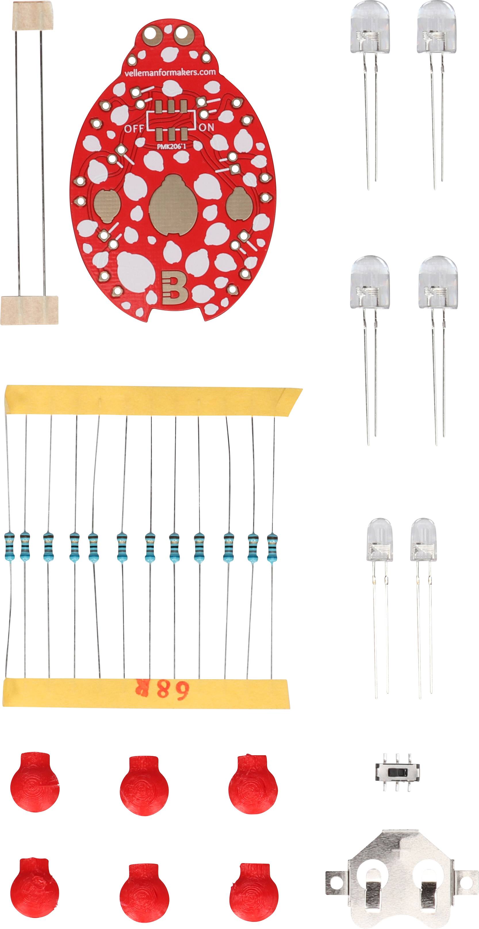Kit électronique de base avec carte de circuit imprimé, LED, résistances et interrupteur pour projets de débutants et apprentissage des circuits électroniques.