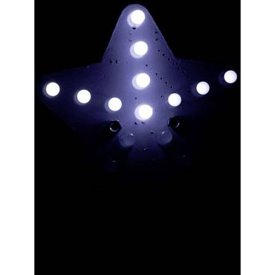 Une étoile blanche lumineuse avec plusieurs points lumineux ronds sur un fond noir.