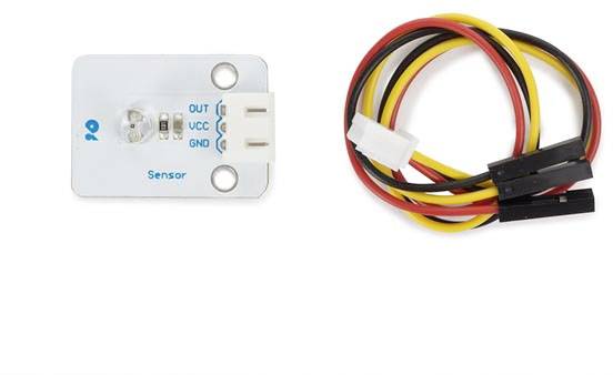 Un capteur avec trois câbles de couleurs rouge, noir et jaune, reliés par un connecteur blanc. Le capteur est étiqueté 'OUT', 'VCC' et 'GND'.