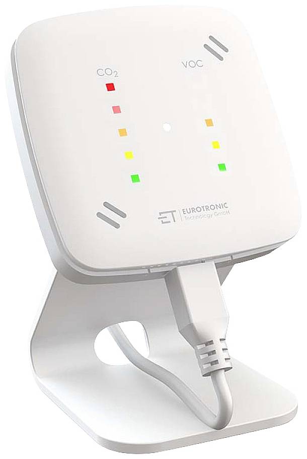 Moniteur de qualité de l'air avec affichage LED pour CO2 et COV. Boîtier blanc, posé verticalement sur un support métallique. Câbles connectés.