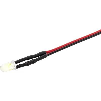 Une LED lumineuse avec des fils de connexion rouges et noirs, isolée par des gaines thermorétractables noires.