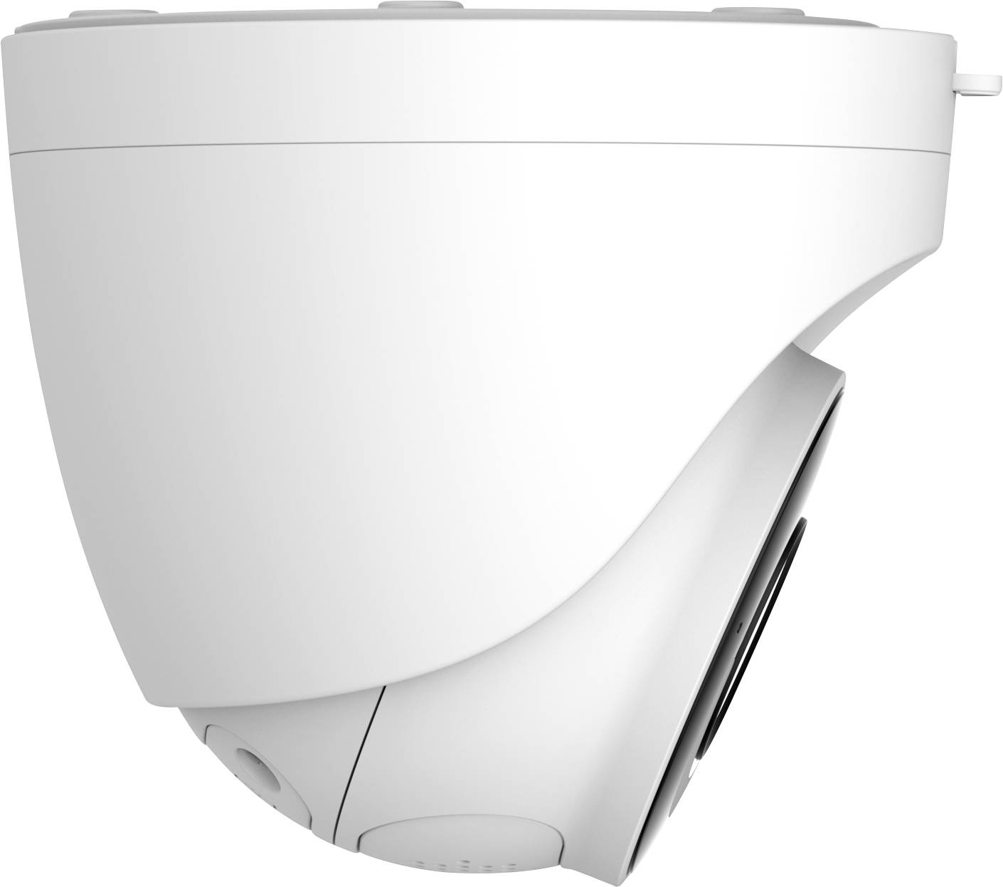 Caméra de surveillance blanche au design moderne, inclinée sur le côté. Sa caractéristique principale est sa forme compacte et arrondie.