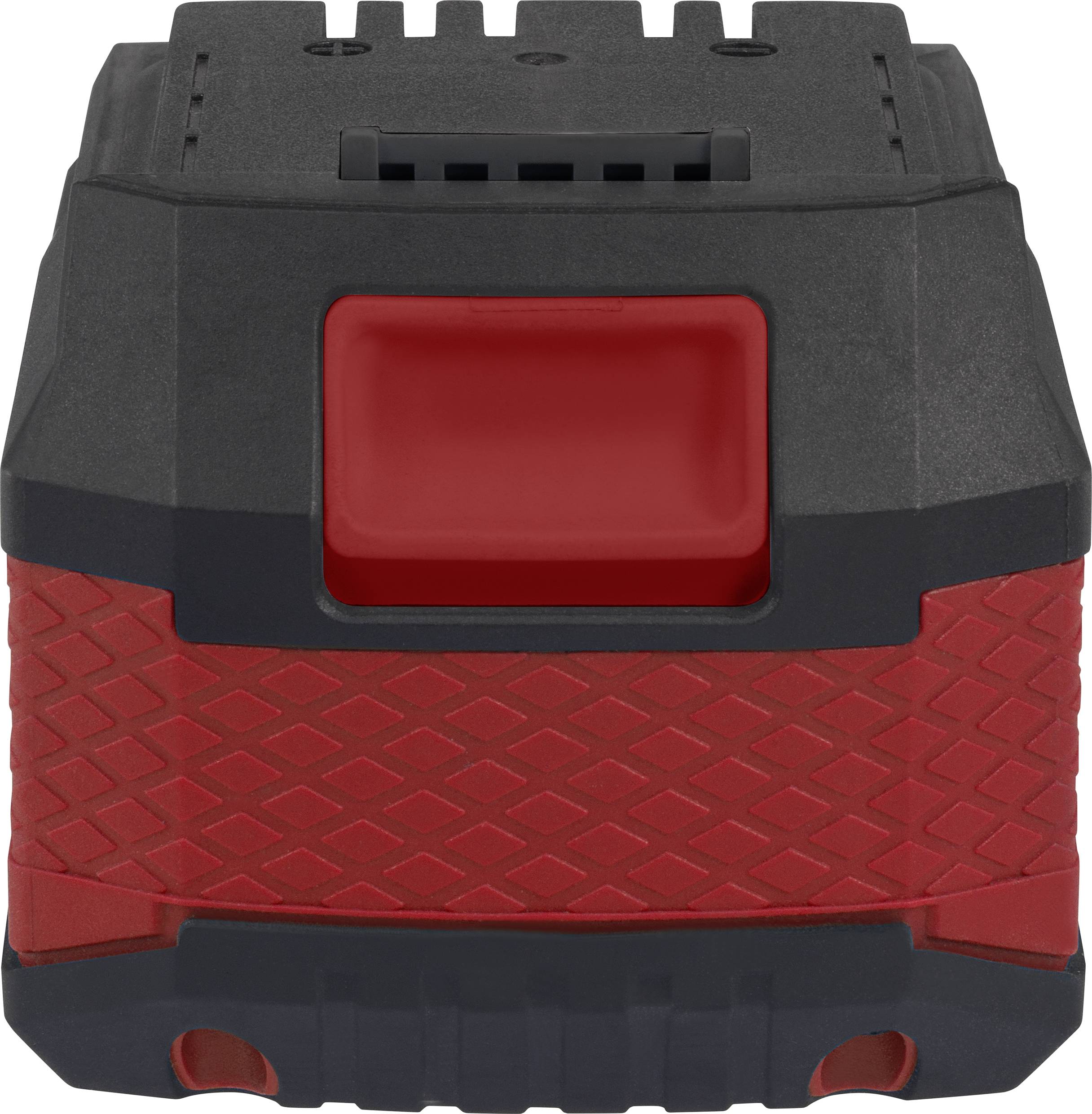 Appareil noir et rouge de forme rectangulaire, présentant un motif structuré sur la face avant et doté d'une poignée rouge au centre.