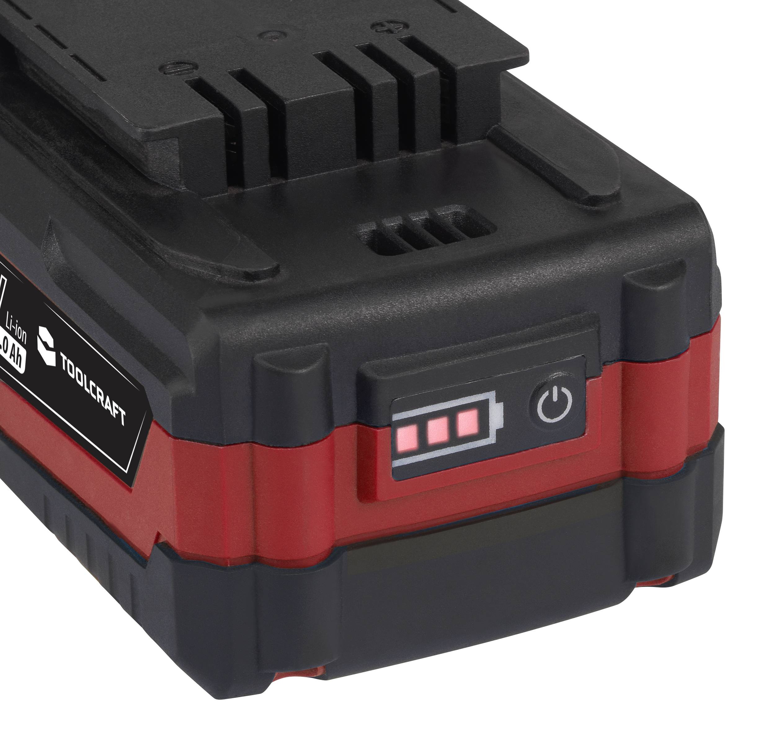 Une batterie rechargeable lithium-ion noir et rouge avec un indicateur de capacité et un interrupteur marche/arrêt à l'avant.