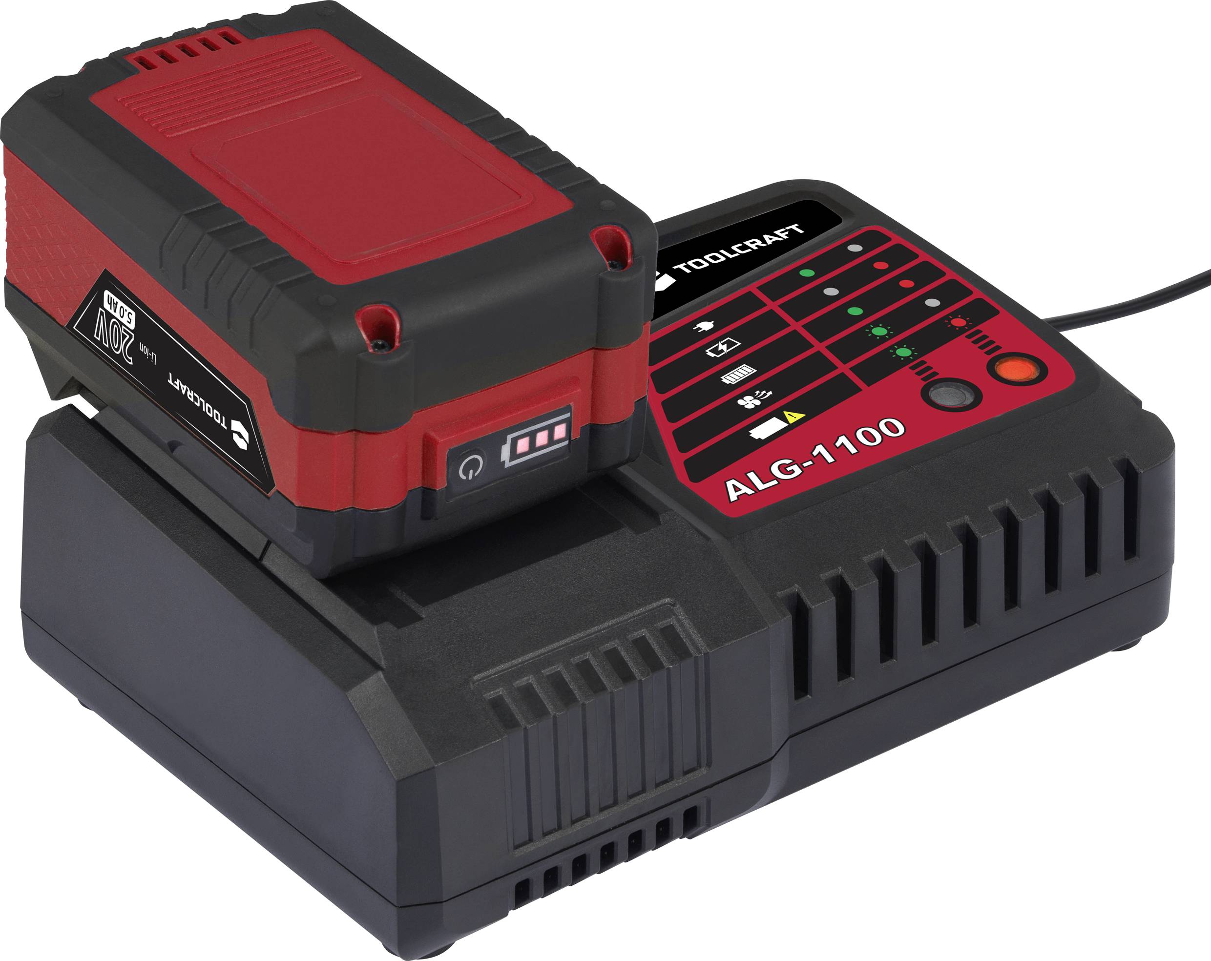 Chargeur ALG-1100 avec batterie rouge ; affiche un indicateur de charge clignotant et l'état de charge. Nom de marque Toolcraft visible.