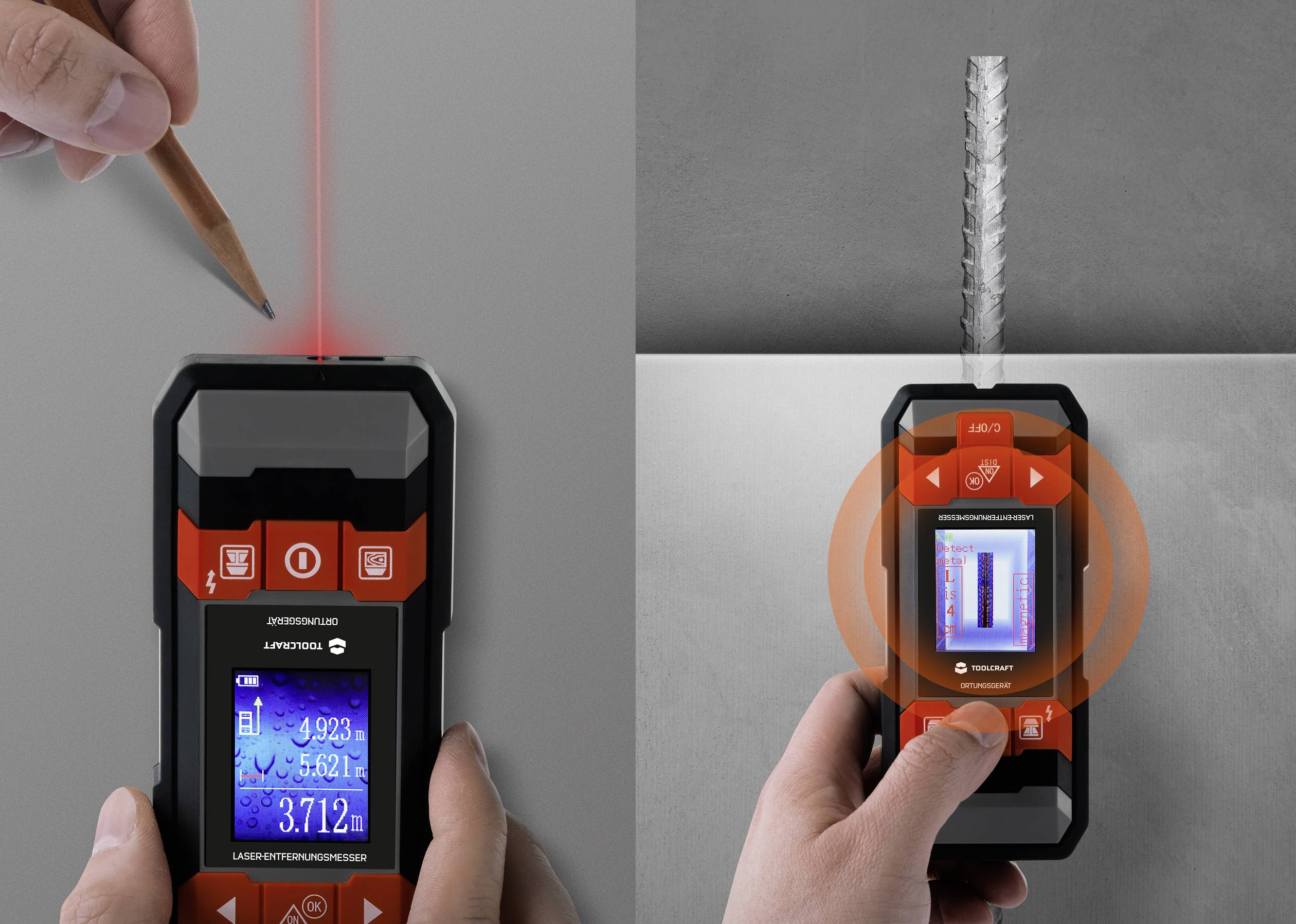 Une personne utilise un télémètre laser pour mesurer une distance. À gauche, un laser est dirigé vers un mur, à droite l'appareil affiche une valeur de mesure.