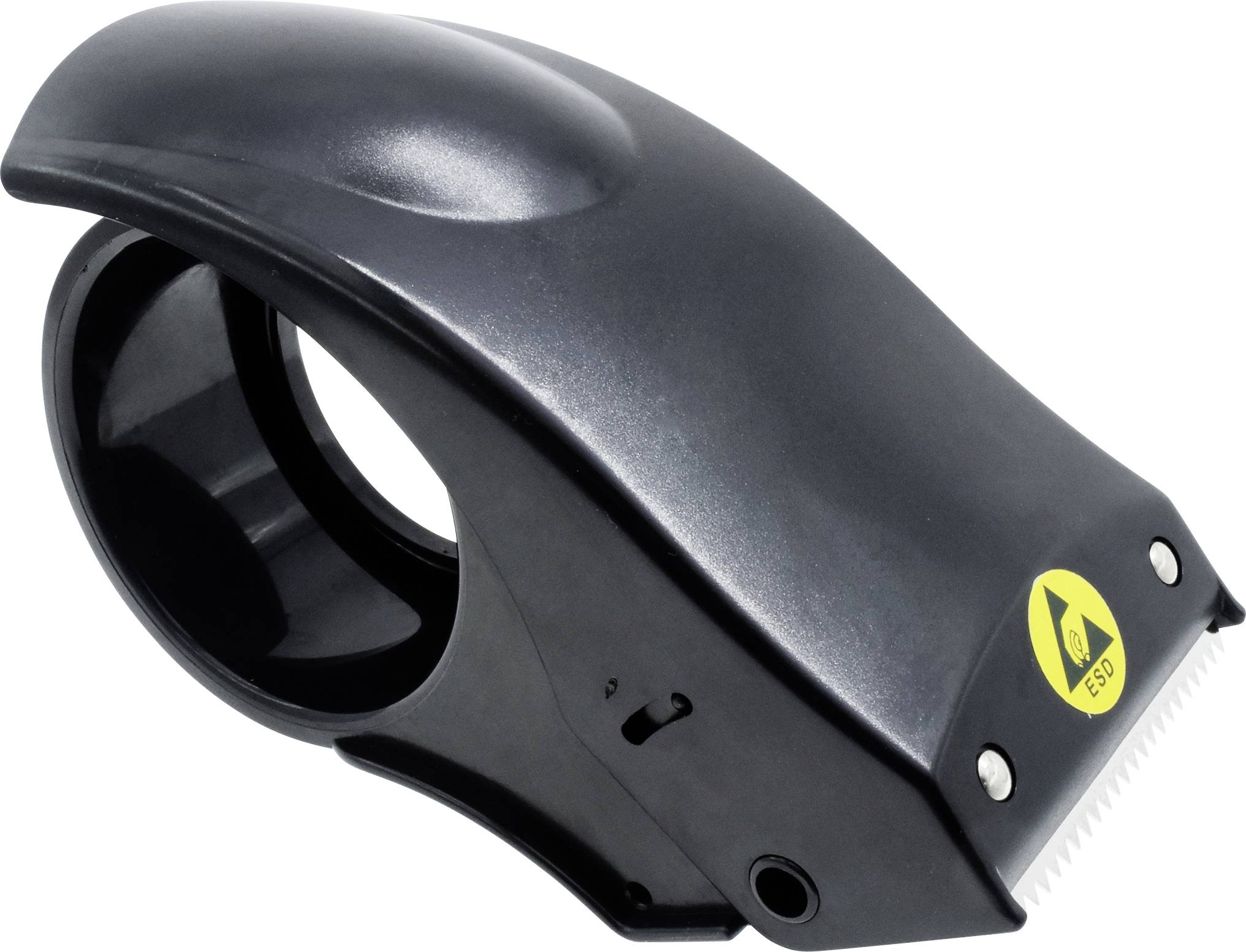 Dévidoir noir de ruban adhésif avec poignée ergonomique et bord dentelé pour couper le ruban, sur fond blanc.
