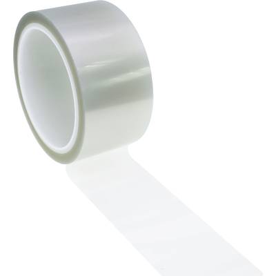 Rouleau de ruban adhésif transparent sur fond blanc, déroulé de façon décontractée.