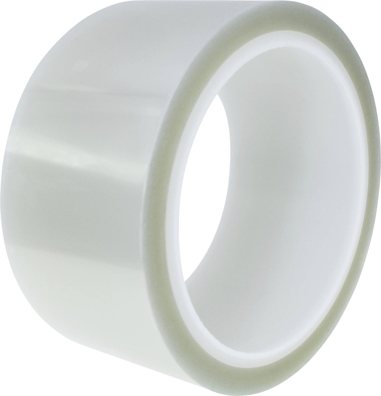 Rouleau de ruban adhésif transparent en plastique, de forme cylindrique, présenté dans un espace lumineux et bien éclairé.