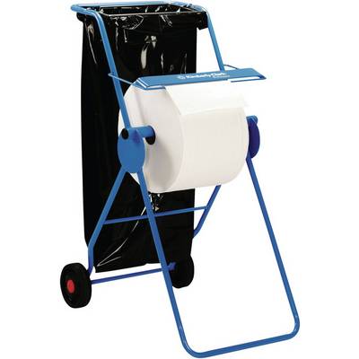 Chariot avec support de rouleau de papier de grande taille, sac poubelle noir à l'arrière-plan, monté sur deux roues. Idéal pour des applications industrielles.