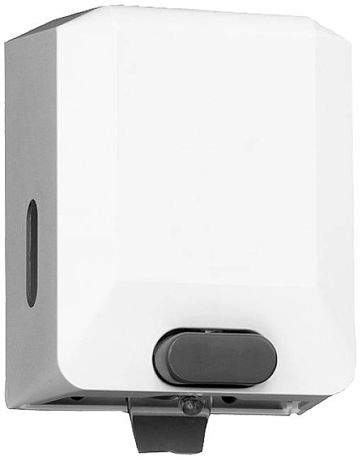 Distributeur de savon avec boîtier blanc et levier noir pour montage mural.