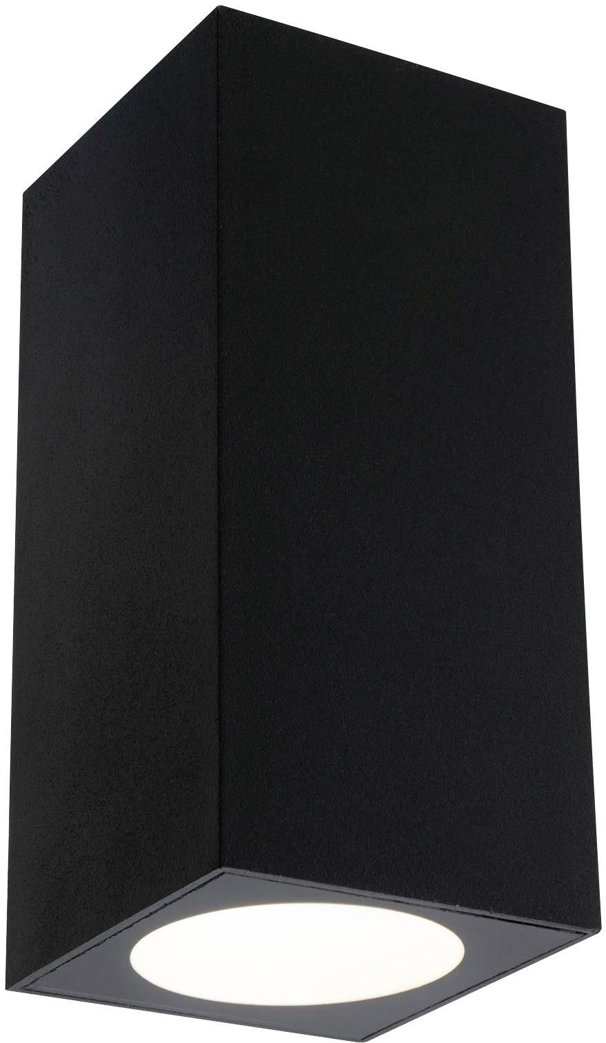 Applique murale noire au design anguleux et à la lumière claire, diffusant un éclairage vers le bas. Parfaite pour les intérieurs contemporains.