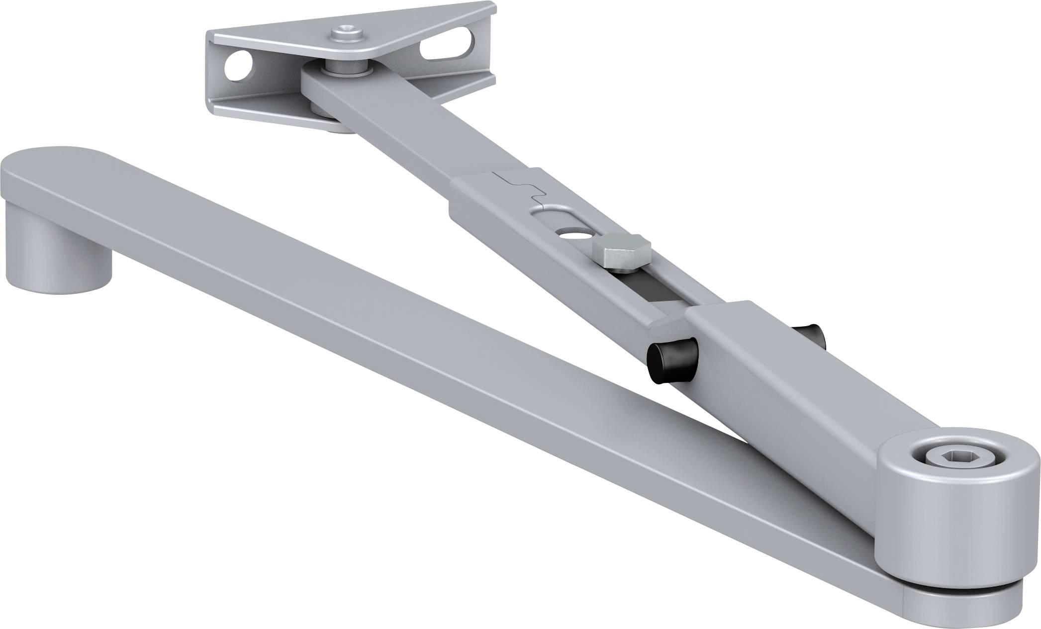 Un ferme-porte à bras articulé en argent, utilisé pour contrôler et amortir la fermeture de la porte.