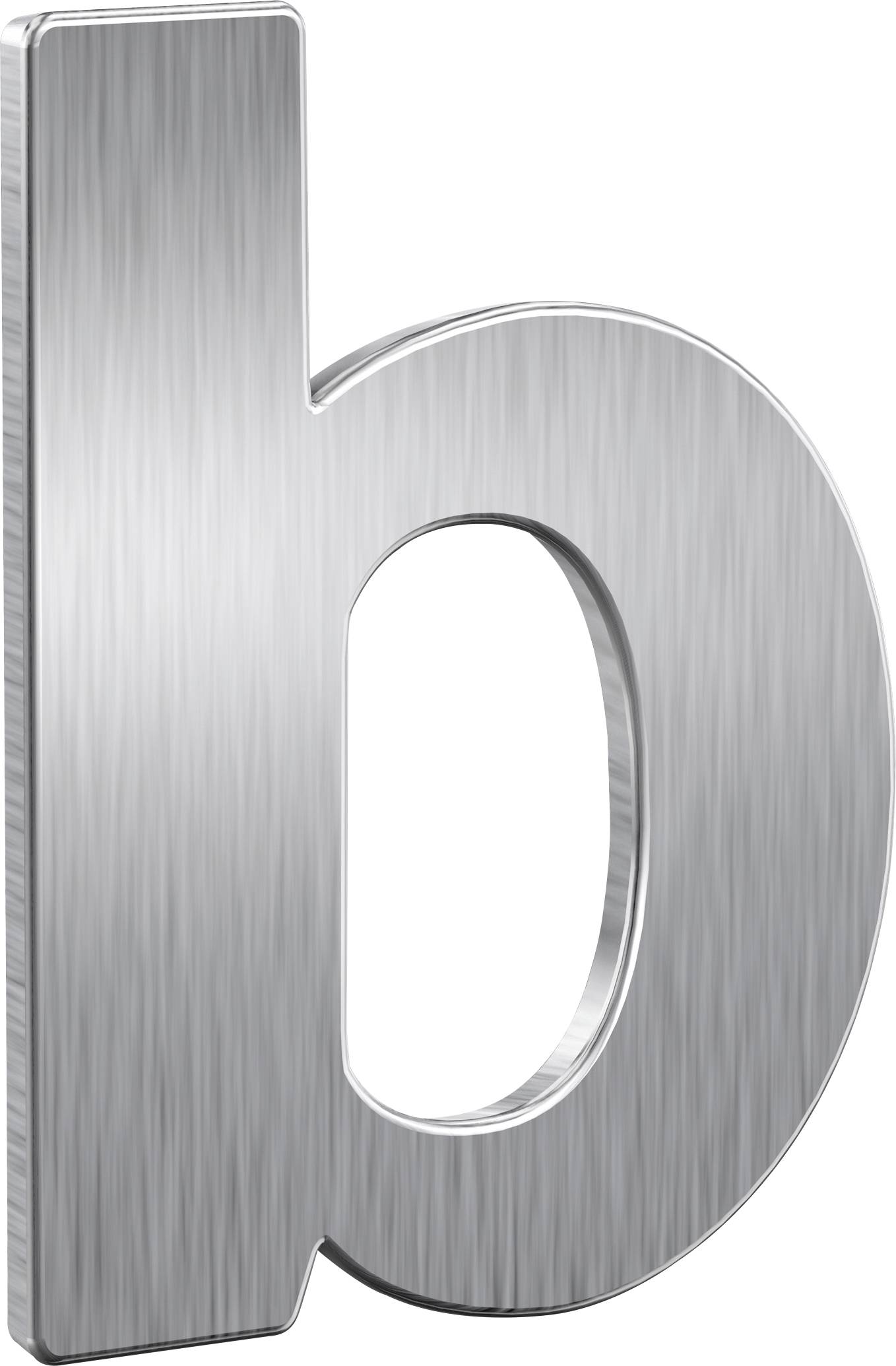 Lettre 'b' argentée, métallique, dans un design moderne et épuré, représentée en vue légèrement inclinée.