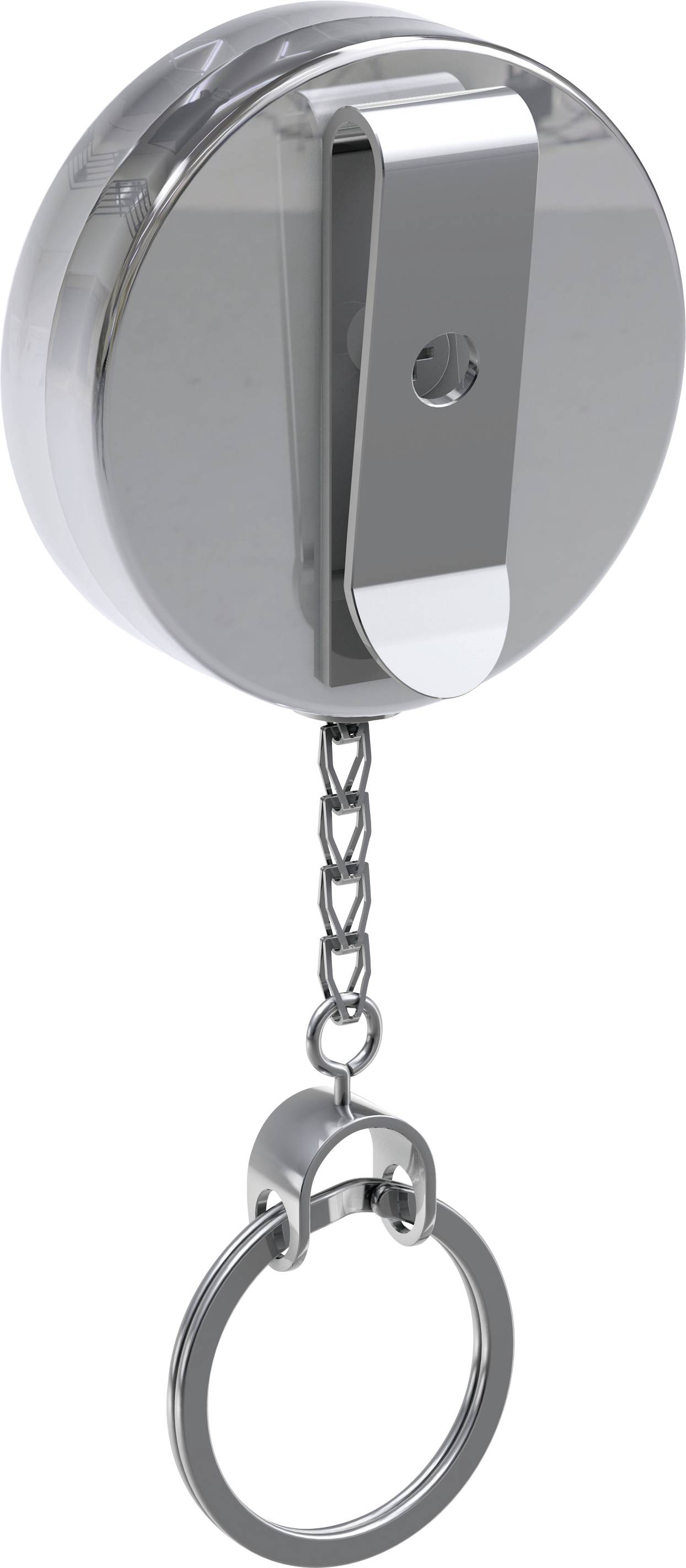 Un porte-clés rond en argent avec une chaîne, sur lequel est fixé un anneau pour les clés. Idéal pour ranger les clés en toute sécurité.