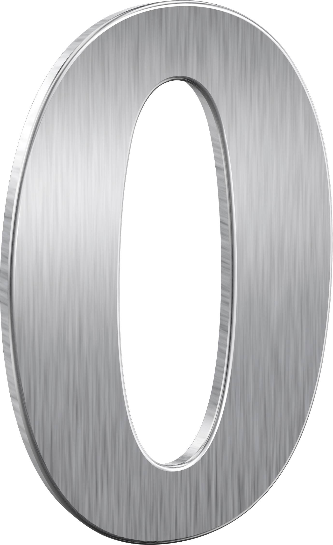 Un zéro brillant, couleur argent métallique, se tient debout et présente une texture brossée.