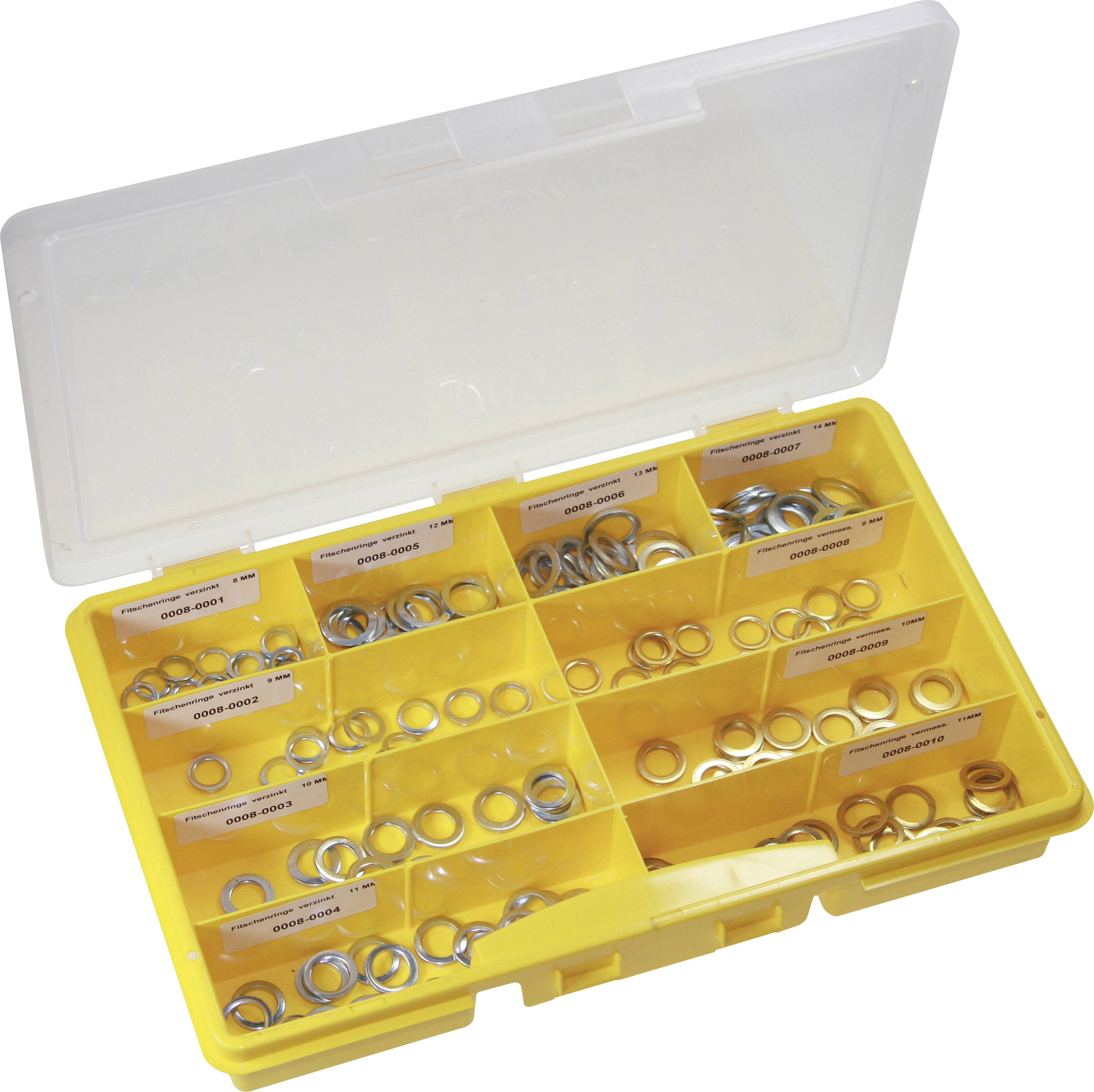 Boîte de rangement jaune avec différents tiroirs remplis de bagues métalliques, étiquetés avec des détails sur les tailles ou les types.
