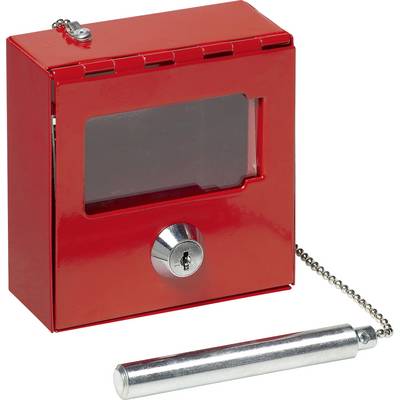 Boîte d'alarme incendie rouge avec porte en verre, sous laquelle pend un crochet argenté attaché à une chaîne.