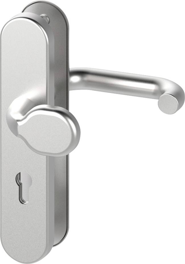 Poignée de porte en argent avec serrure.