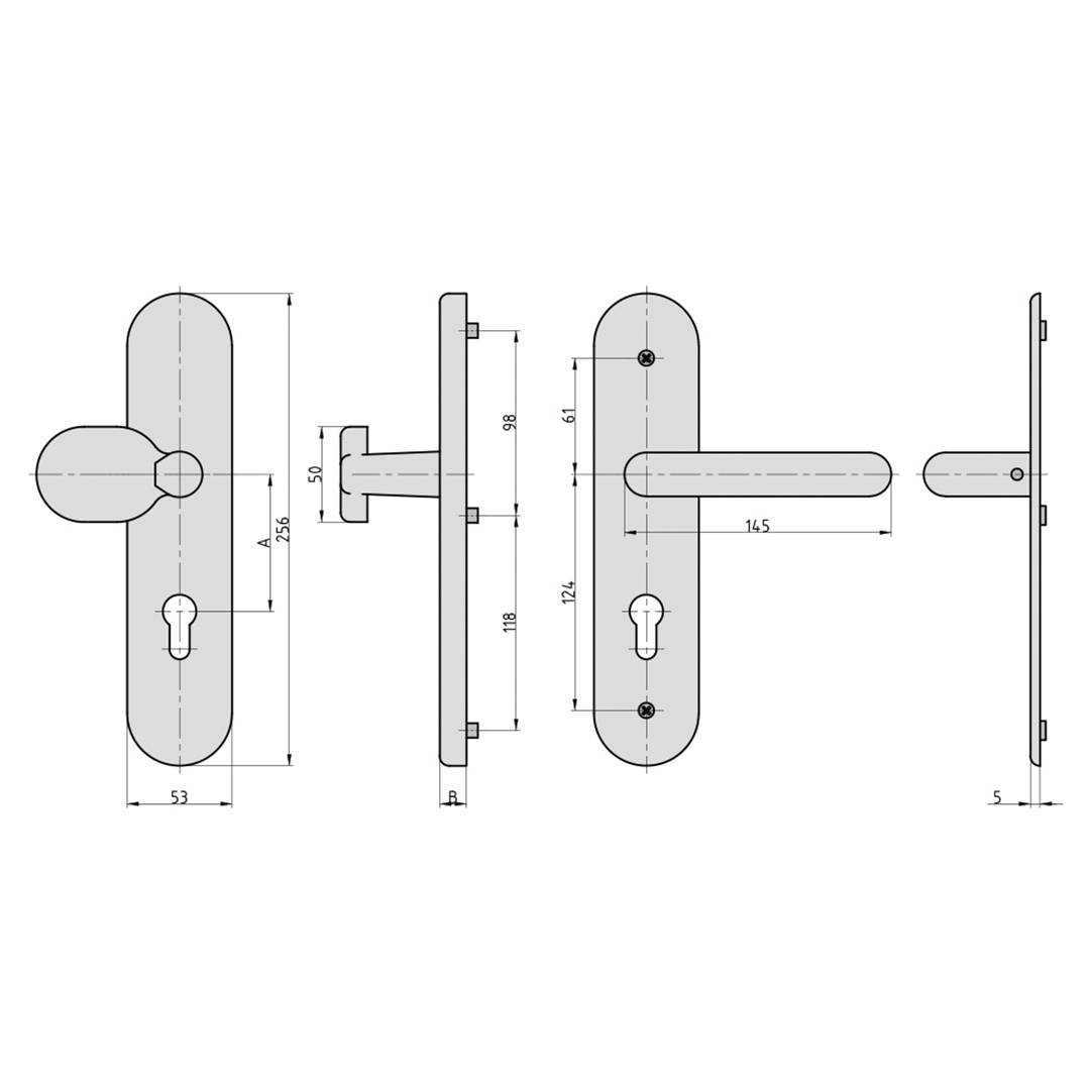 Dessin technique de poignées de porte avec poignée et serrure. Les dimensions et les distances sont indiquées en détail. Vue de dessus et vues latérales sont représentées.