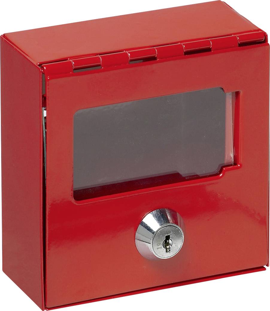 Boîte à clés de secours rouge avec fenêtre en verre et serrure, utilisée pour le stockage sécurisé d'une clé en cas d'urgence.