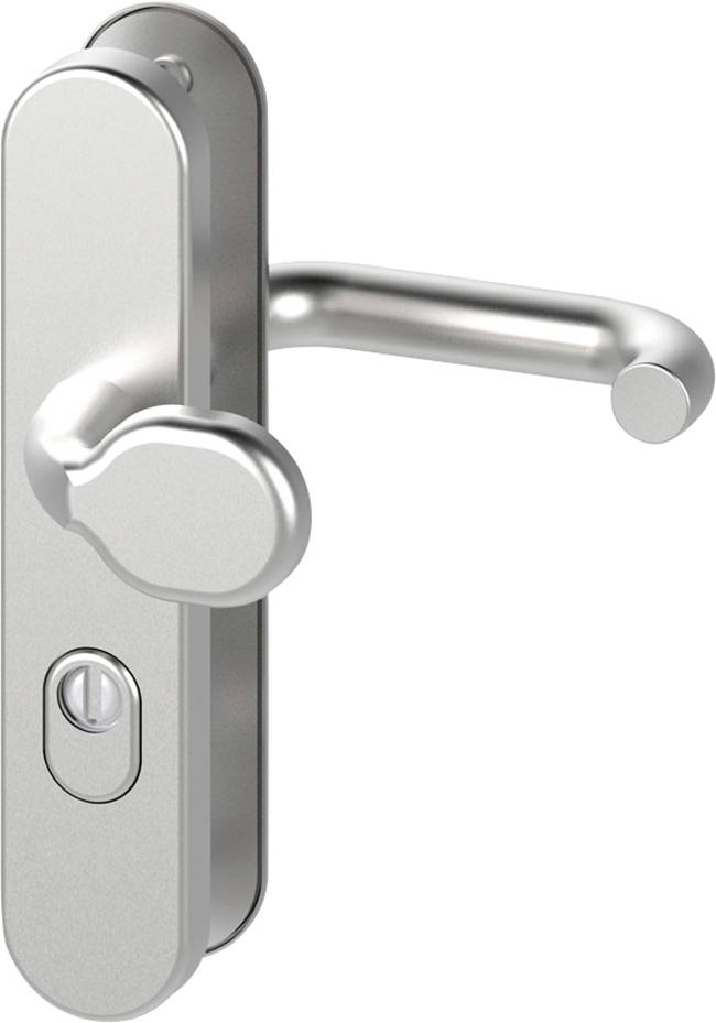 Poignée de porte argentée avec trou de serrure et bouton de rotation ovale, adaptée aux portes avec fonction de verrouillage.