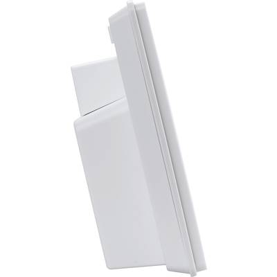 Vue latérale d'un appareil blanc en plastique de forme rectangulaire. Probablement un dispositif électronique ou technique.
