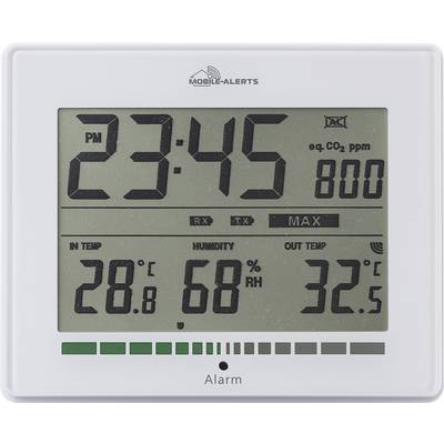 Thermomètre et hygromètre numérique affiche 23:45. Température intérieure 28,6°C, humidité relative 68%, température extérieure 32,5°C, taux de CO2 800 ppm.